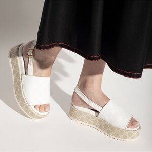 Gucci Angelina GG White Supreme Canvas Slingback Platform Sandals